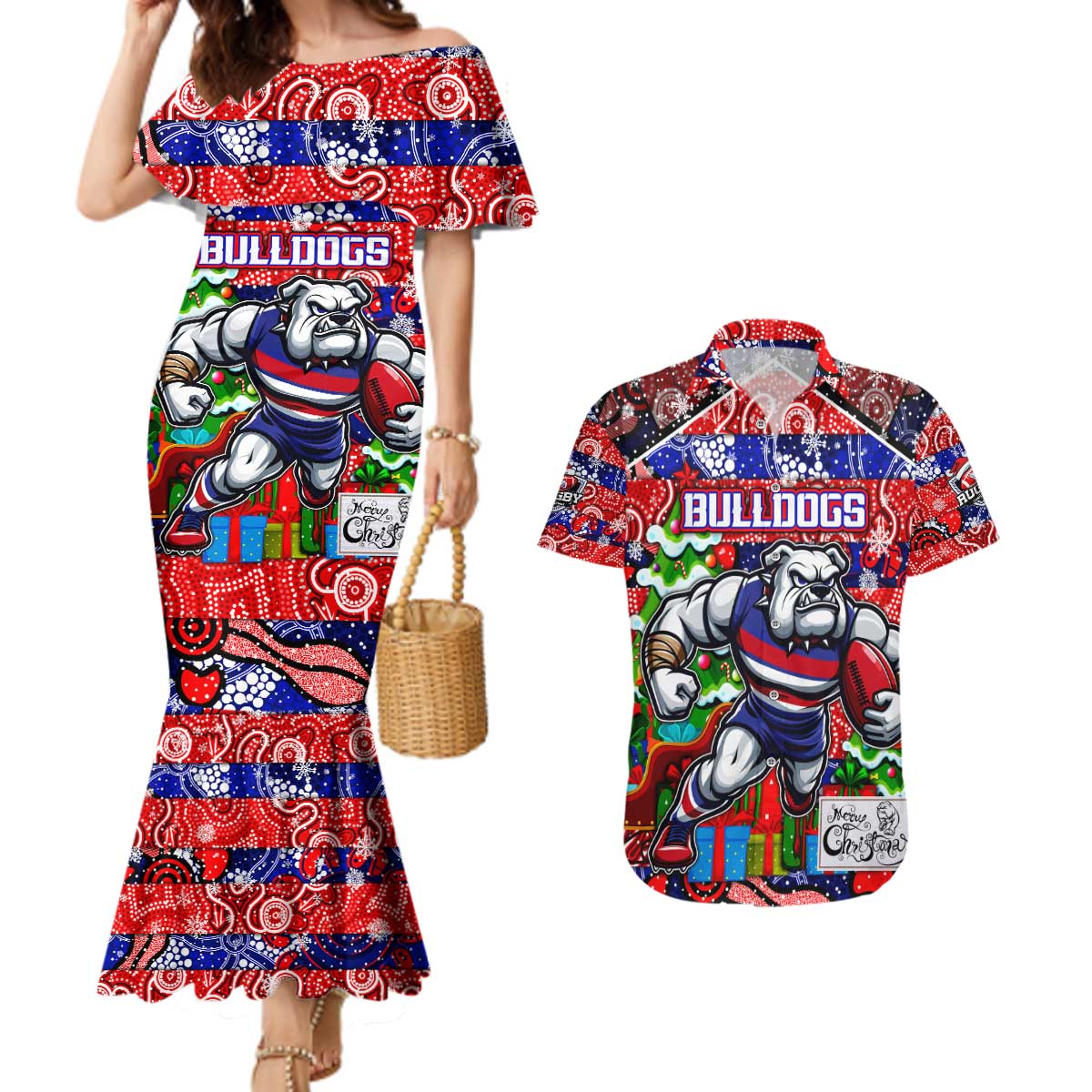 Custom Bulldogs Football Merry Christmas Couples Matching Mermaid Dress and Hawaiian Shirt Indigenous Australian Art