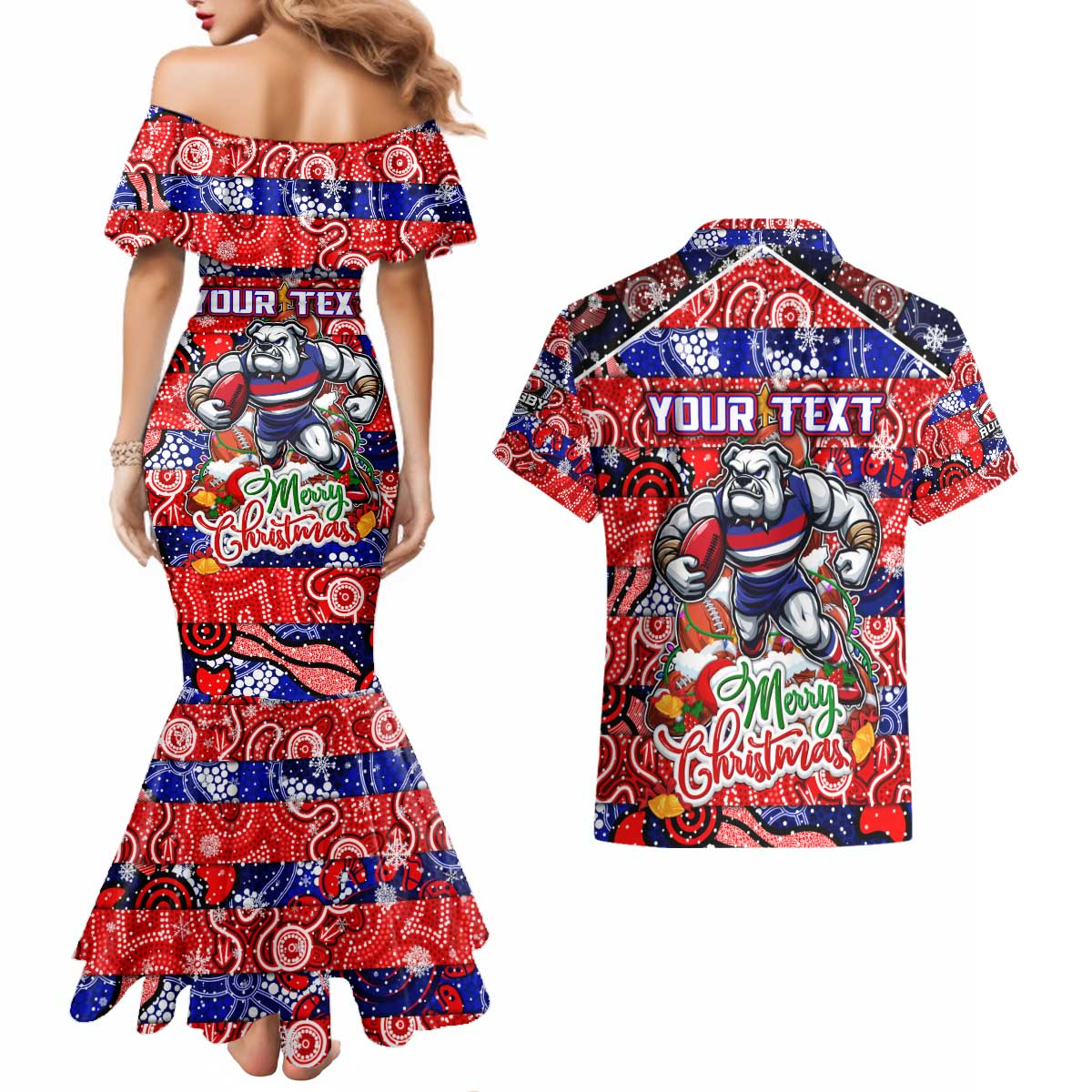 Custom Bulldogs Football Merry Christmas Couples Matching Mermaid Dress and Hawaiian Shirt Indigenous Australian Art