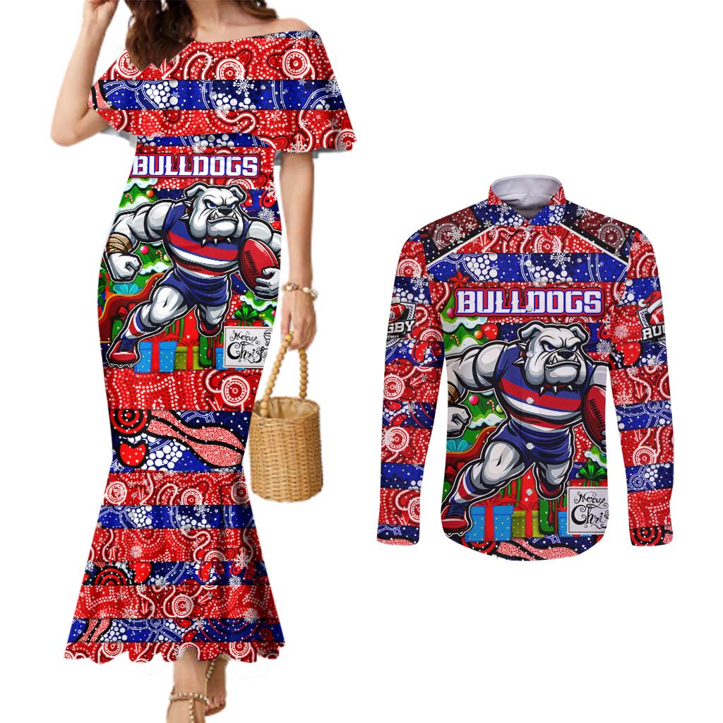 Custom Bulldogs Football Merry Christmas Couples Matching Mermaid Dress and Long Sleeve Button Shirt Indigenous Australian Art