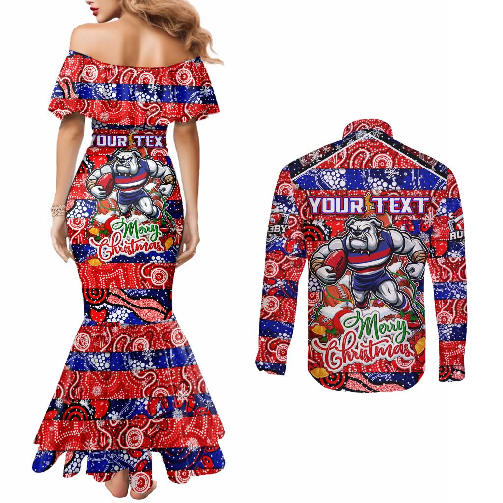 Custom Bulldogs Football Merry Christmas Couples Matching Mermaid Dress and Long Sleeve Button Shirt Indigenous Australian Art