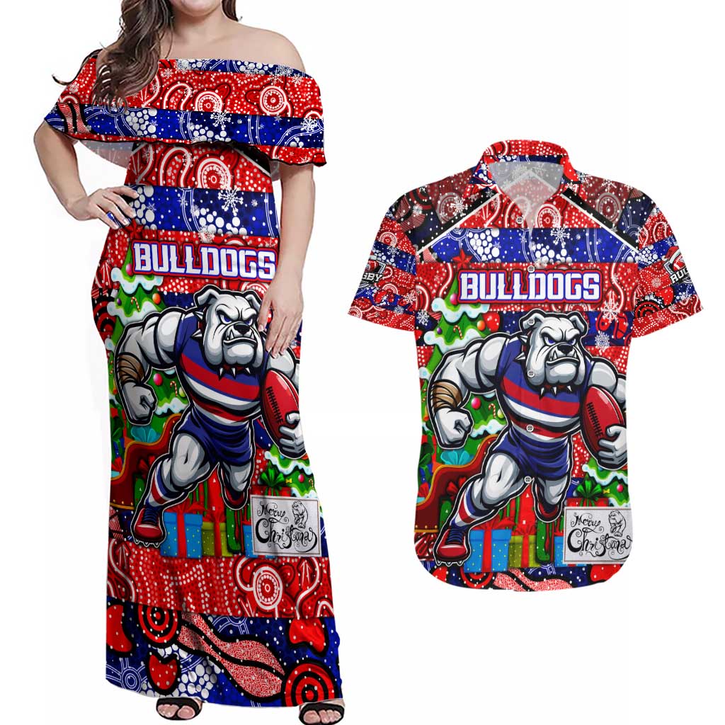 Custom Bulldogs Football Merry Christmas Couples Matching Off Shoulder Maxi Dress and Hawaiian Shirt Indigenous Australian Art