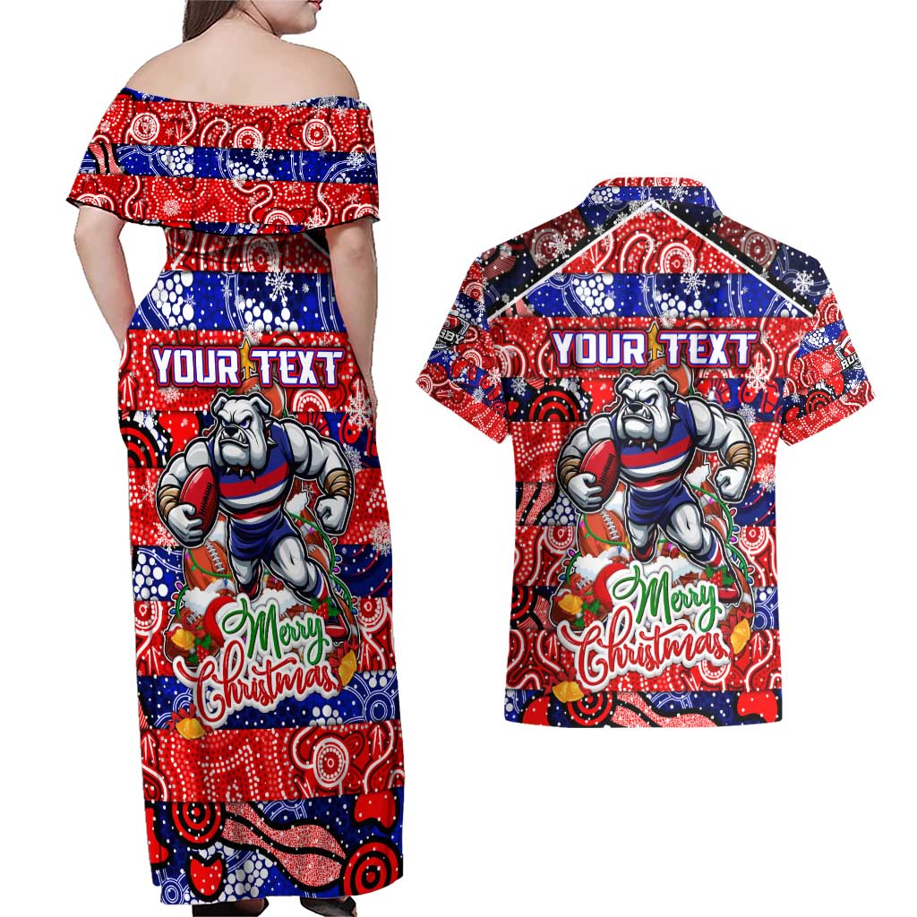 Custom Bulldogs Football Merry Christmas Couples Matching Off Shoulder Maxi Dress and Hawaiian Shirt Indigenous Australian Art