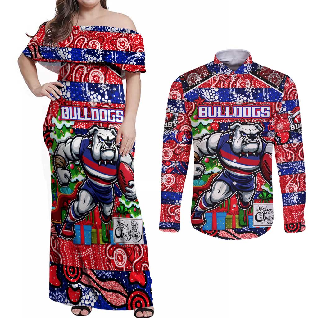Custom Bulldogs Football Merry Christmas Couples Matching Off Shoulder Maxi Dress and Long Sleeve Button Shirt Indigenous Australian Art