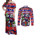 Custom Bulldogs Football Merry Christmas Couples Matching Off Shoulder Maxi Dress and Long Sleeve Button Shirt Indigenous Australian Art