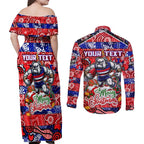 Custom Bulldogs Football Merry Christmas Couples Matching Off Shoulder Maxi Dress and Long Sleeve Button Shirt Indigenous Australian Art