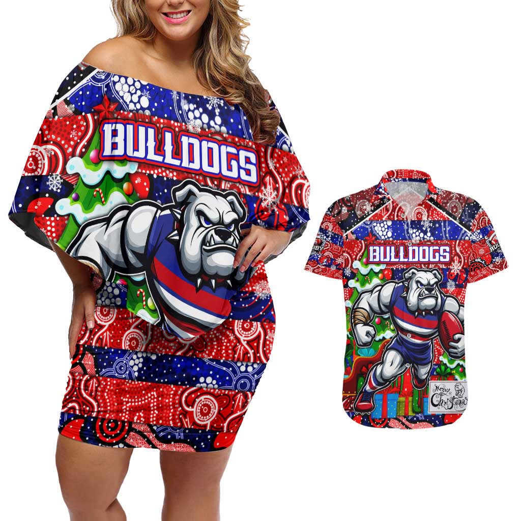 Custom Bulldogs Football Merry Christmas Couples Matching Off Shoulder Short Dress and Hawaiian Shirt Indigenous Australian Art