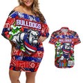Custom Bulldogs Football Merry Christmas Couples Matching Off Shoulder Short Dress and Hawaiian Shirt Indigenous Australian Art