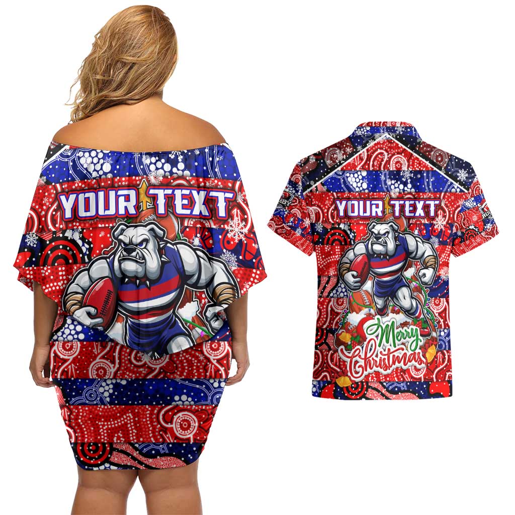 Custom Bulldogs Football Merry Christmas Couples Matching Off Shoulder Short Dress and Hawaiian Shirt Indigenous Australian Art