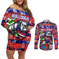 Custom Bulldogs Football Merry Christmas Couples Matching Off Shoulder Short Dress and Long Sleeve Button Shirt Indigenous Australian Art