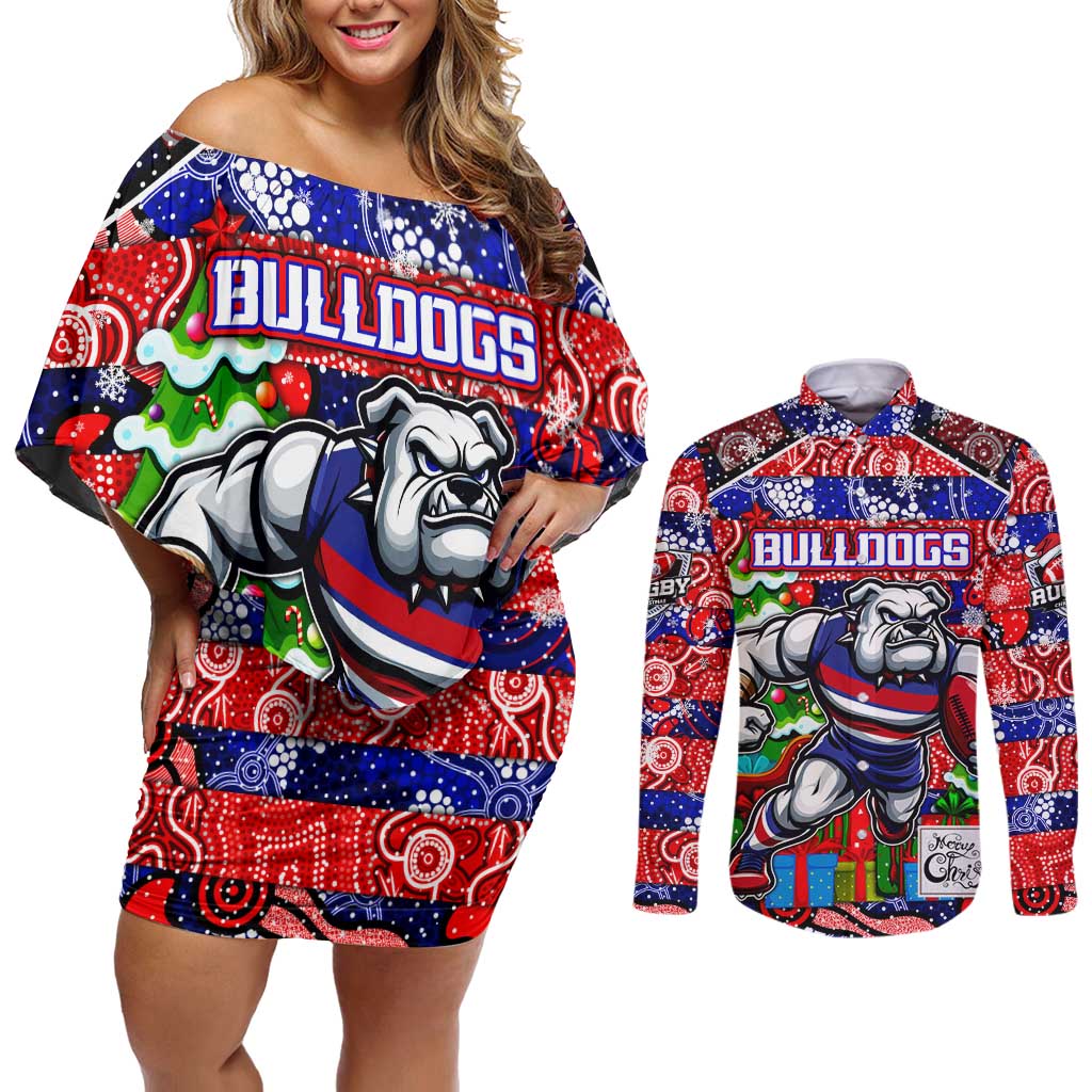 Custom Bulldogs Football Merry Christmas Couples Matching Off Shoulder Short Dress and Long Sleeve Button Shirt Indigenous Australian Art