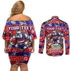 Custom Bulldogs Football Merry Christmas Couples Matching Off Shoulder Short Dress and Long Sleeve Button Shirt Indigenous Australian Art