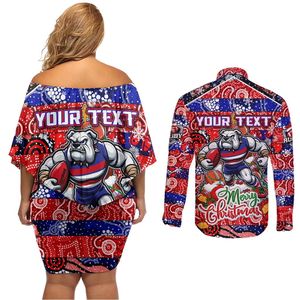 Custom Bulldogs Football Merry Christmas Couples Matching Off Shoulder Short Dress and Long Sleeve Button Shirt Indigenous Australian Art