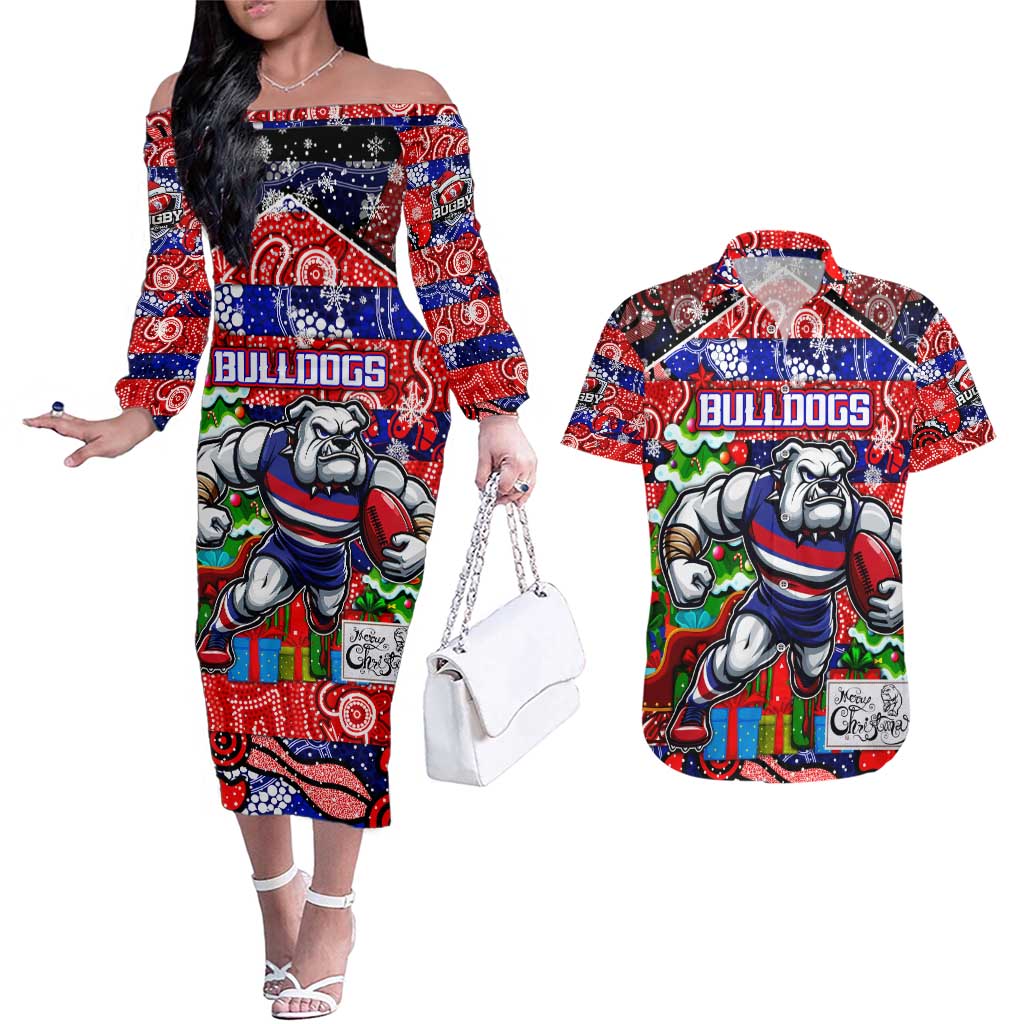 Custom Bulldogs Football Merry Christmas Couples Matching Off The Shoulder Long Sleeve Dress and Hawaiian Shirt Indigenous Australian Art