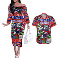 Custom Bulldogs Football Merry Christmas Couples Matching Off The Shoulder Long Sleeve Dress and Hawaiian Shirt Indigenous Australian Art