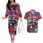 Custom Bulldogs Football Merry Christmas Couples Matching Off The Shoulder Long Sleeve Dress and Hawaiian Shirt Indigenous Australian Art