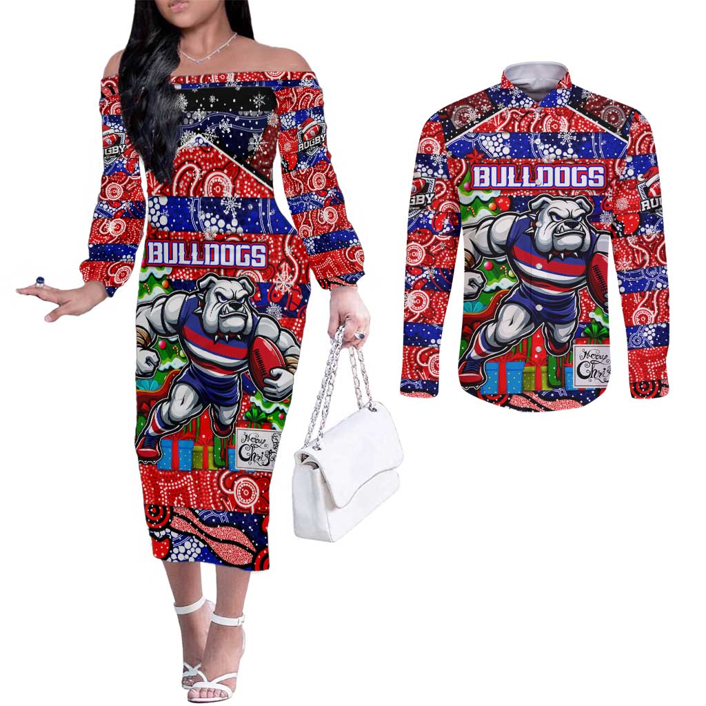 Custom Bulldogs Football Merry Christmas Couples Matching Off The Shoulder Long Sleeve Dress and Long Sleeve Button Shirt Indigenous Australian Art