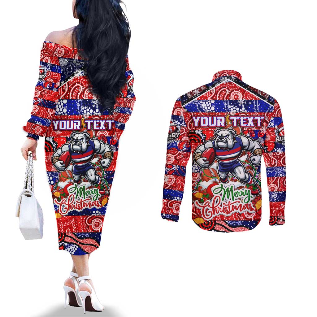 Custom Bulldogs Football Merry Christmas Couples Matching Off The Shoulder Long Sleeve Dress and Long Sleeve Button Shirt Indigenous Australian Art