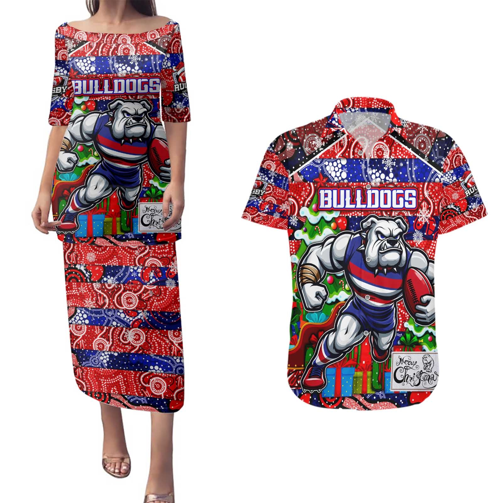 Custom Bulldogs Football Merry Christmas Couples Matching Puletasi and Hawaiian Shirt Indigenous Australian Art