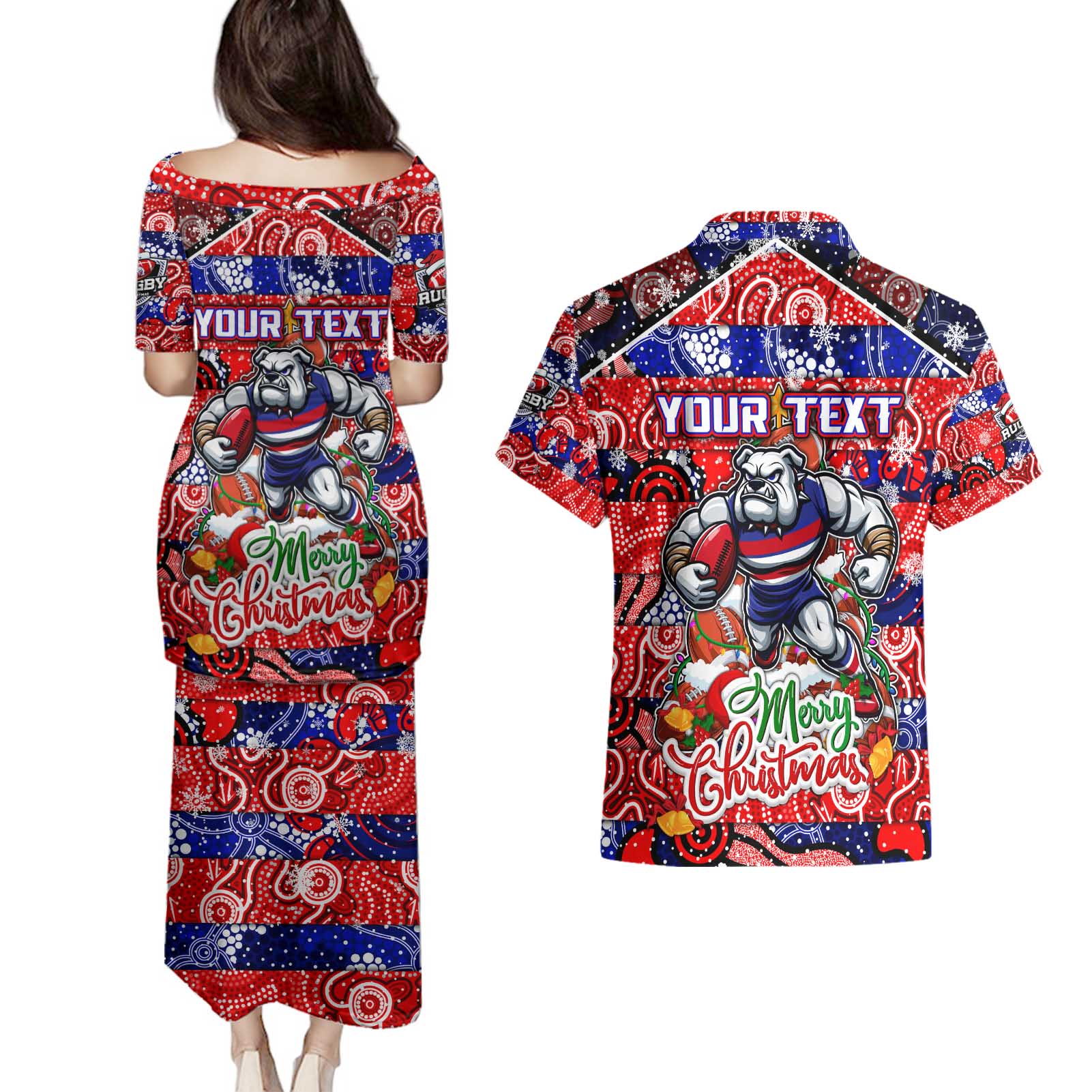 Custom Bulldogs Football Merry Christmas Couples Matching Puletasi and Hawaiian Shirt Indigenous Australian Art