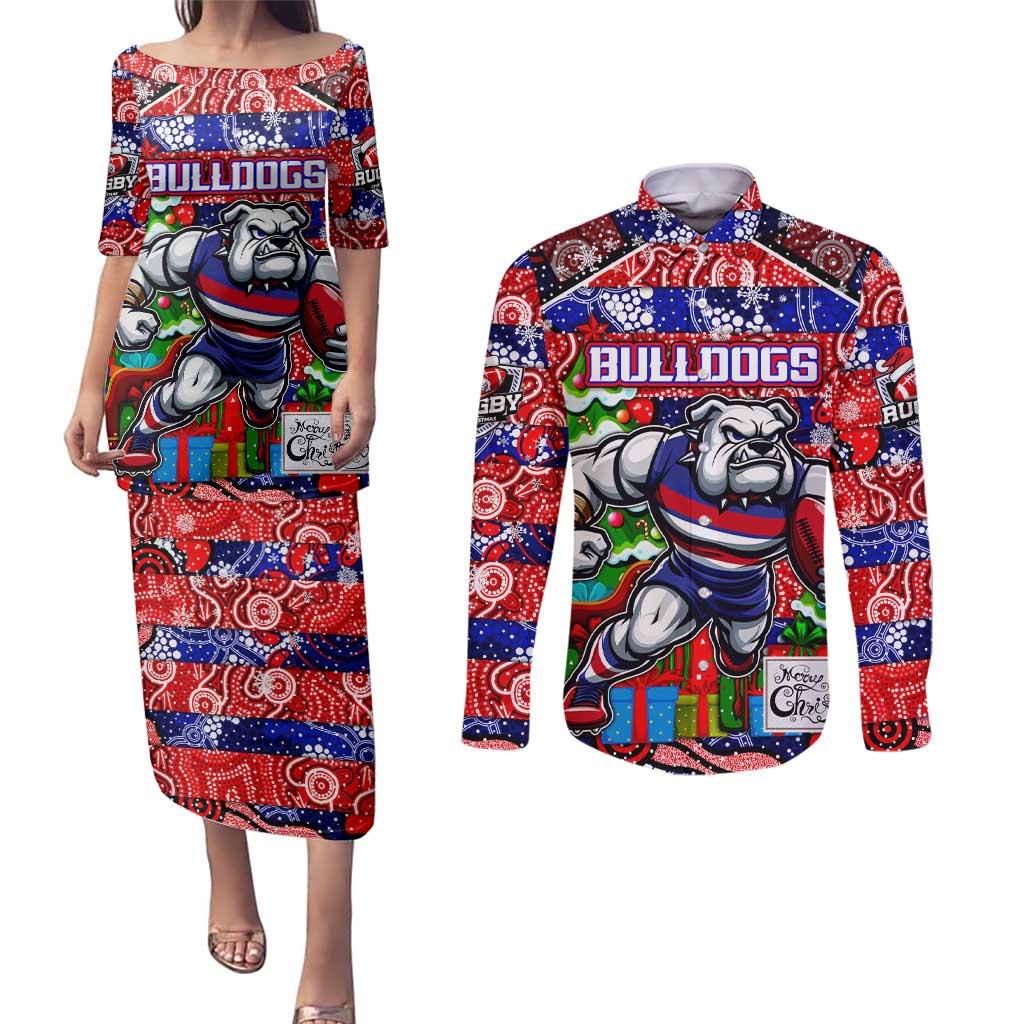 Custom Bulldogs Football Merry Christmas Couples Matching Puletasi and Long Sleeve Button Shirt Indigenous Australian Art