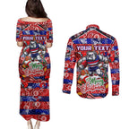 Custom Bulldogs Football Merry Christmas Couples Matching Puletasi and Long Sleeve Button Shirt Indigenous Australian Art