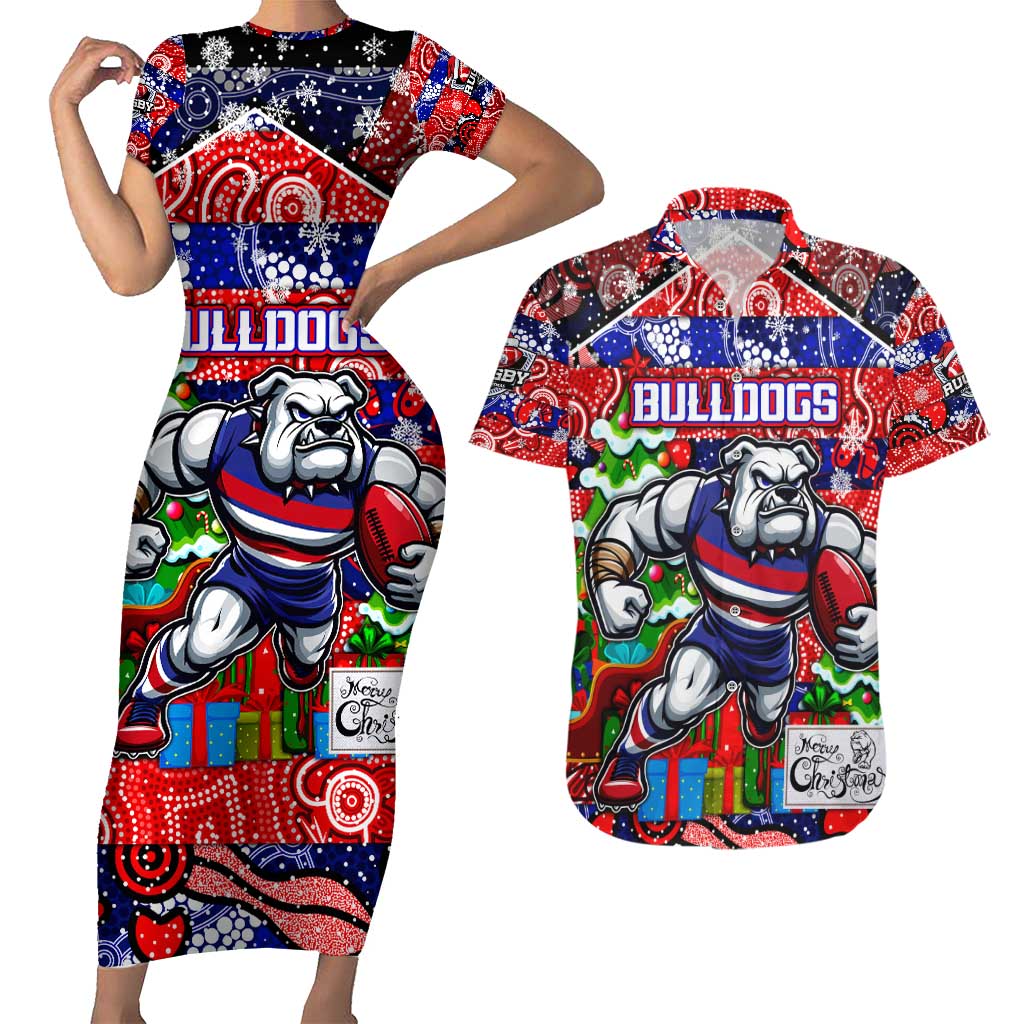 Custom Bulldogs Football Merry Christmas Couples Matching Short Sleeve Bodycon Dress and Hawaiian Shirt Indigenous Australian Art