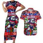 Custom Bulldogs Football Merry Christmas Couples Matching Short Sleeve Bodycon Dress and Hawaiian Shirt Indigenous Australian Art
