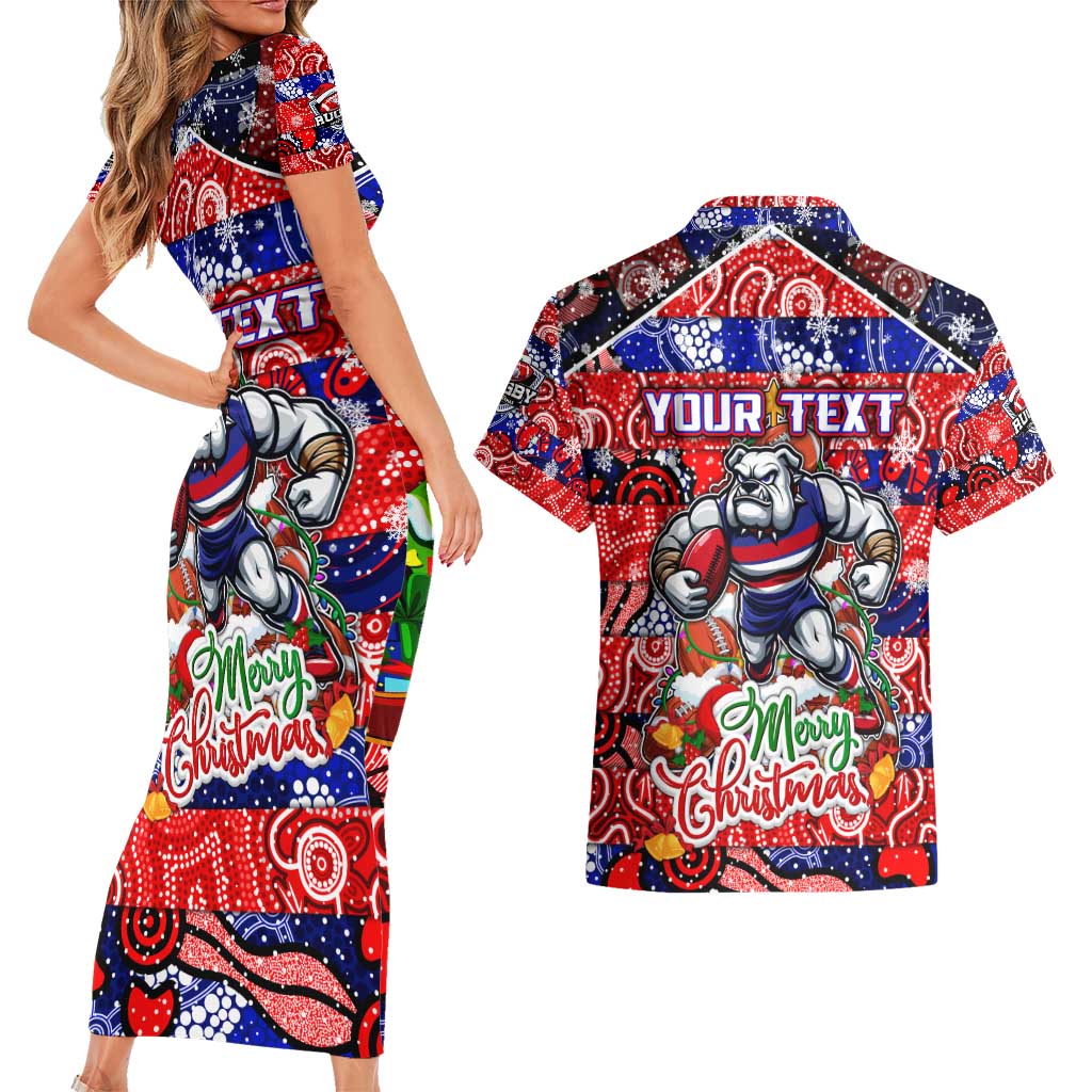 Custom Bulldogs Football Merry Christmas Couples Matching Short Sleeve Bodycon Dress and Hawaiian Shirt Indigenous Australian Art