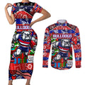 Custom Bulldogs Football Merry Christmas Couples Matching Short Sleeve Bodycon Dress and Long Sleeve Button Shirt Indigenous Australian Art