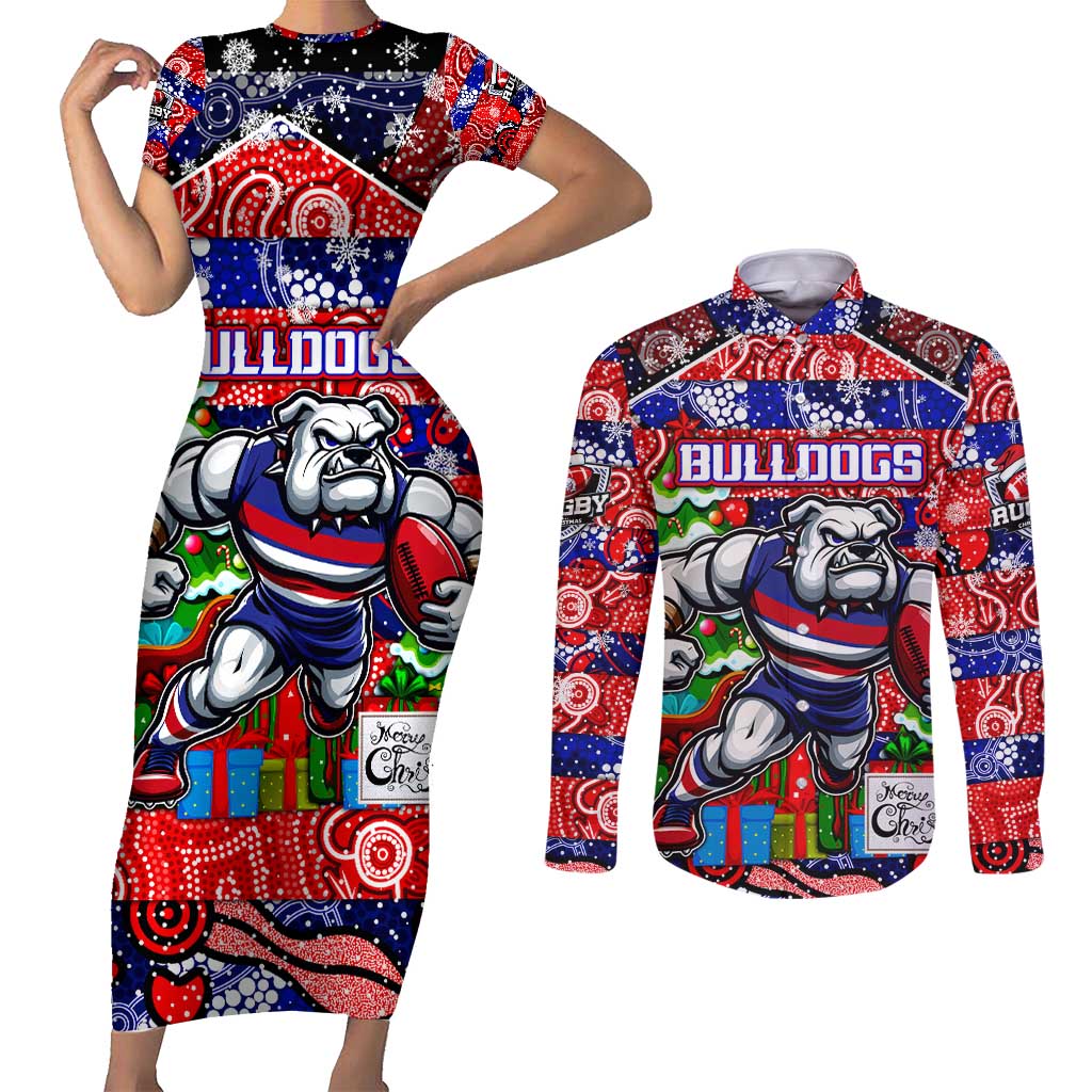 Custom Bulldogs Football Merry Christmas Couples Matching Short Sleeve Bodycon Dress and Long Sleeve Button Shirt Indigenous Australian Art
