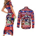 Custom Bulldogs Football Merry Christmas Couples Matching Short Sleeve Bodycon Dress and Long Sleeve Button Shirt Indigenous Australian Art
