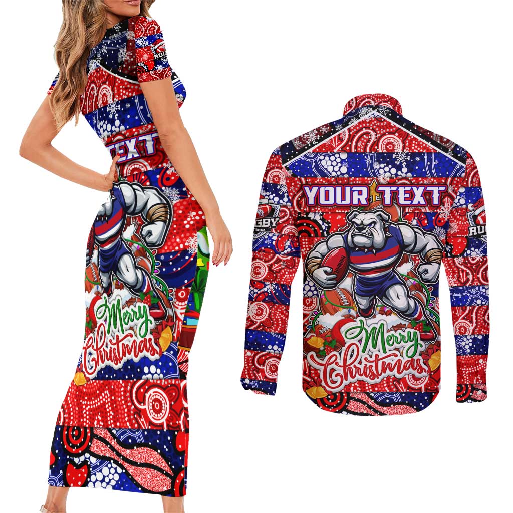 Custom Bulldogs Football Merry Christmas Couples Matching Short Sleeve Bodycon Dress and Long Sleeve Button Shirt Indigenous Australian Art