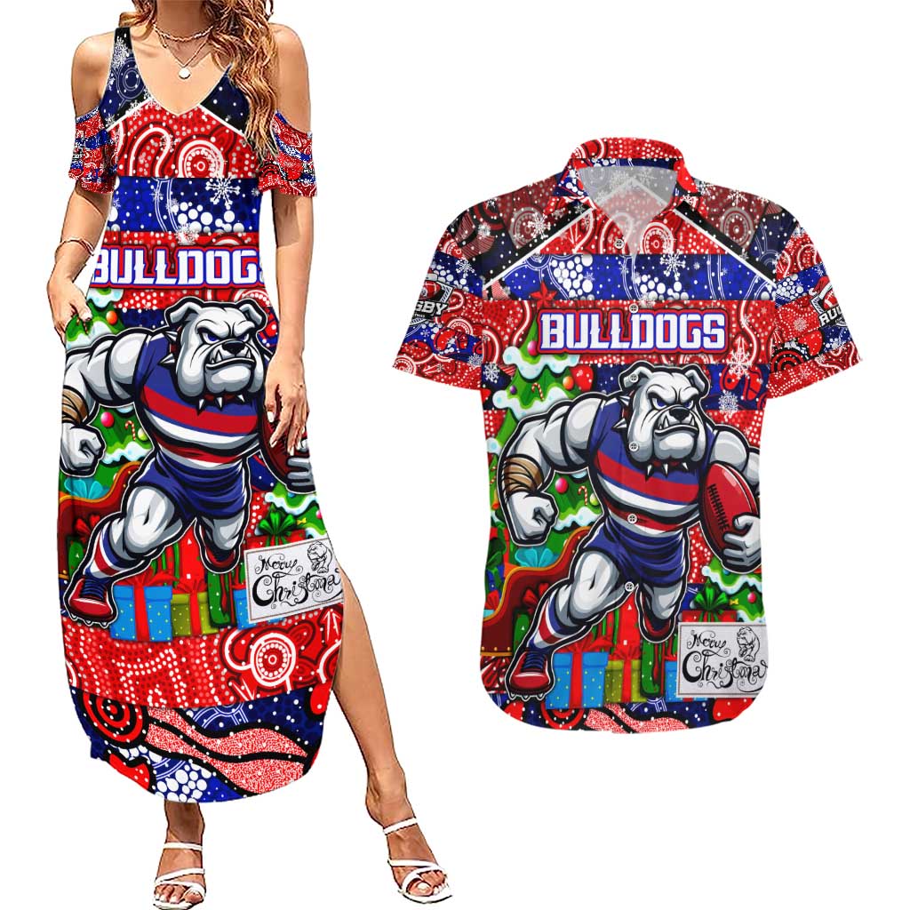 Custom Bulldogs Football Merry Christmas Couples Matching Summer Maxi Dress and Hawaiian Shirt Indigenous Australian Art