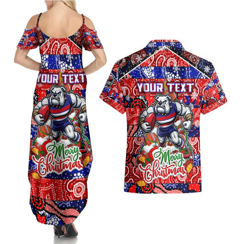Custom Bulldogs Football Merry Christmas Couples Matching Summer Maxi Dress and Hawaiian Shirt Indigenous Australian Art