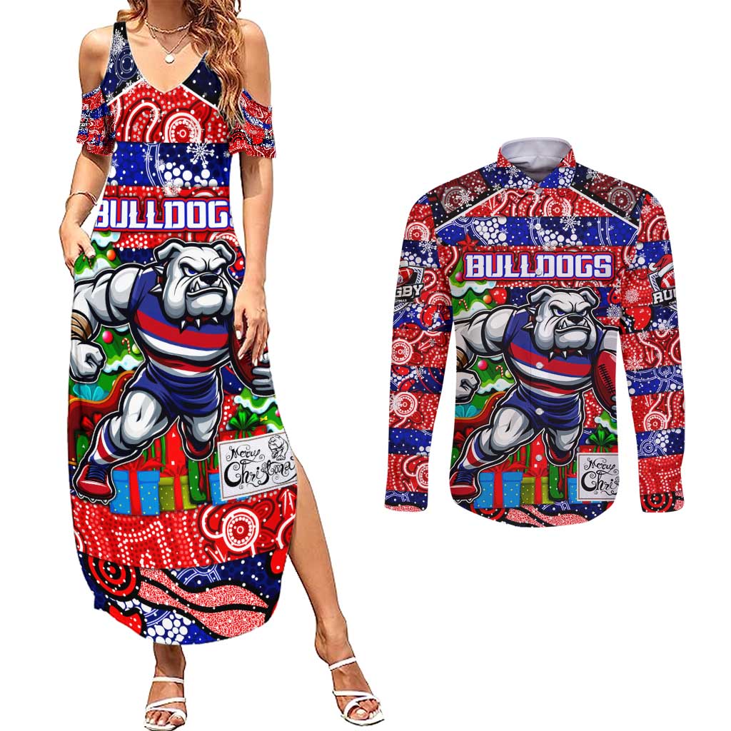 Custom Bulldogs Football Merry Christmas Couples Matching Summer Maxi Dress and Long Sleeve Button Shirt Indigenous Australian Art