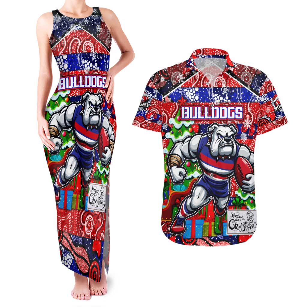 Custom Bulldogs Football Merry Christmas Couples Matching Tank Maxi Dress and Hawaiian Shirt Indigenous Australian Art