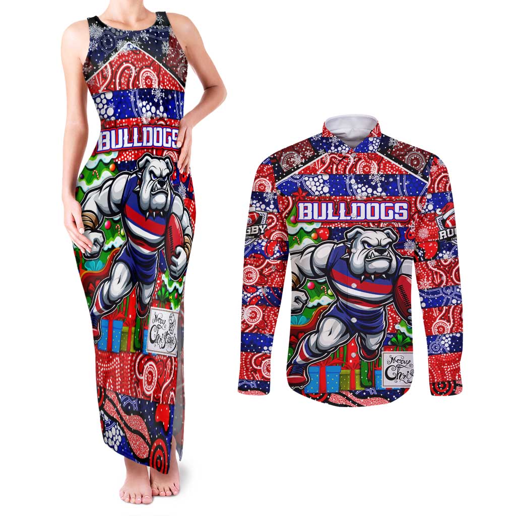 Custom Bulldogs Football Merry Christmas Couples Matching Tank Maxi Dress and Long Sleeve Button Shirt Indigenous Australian Art