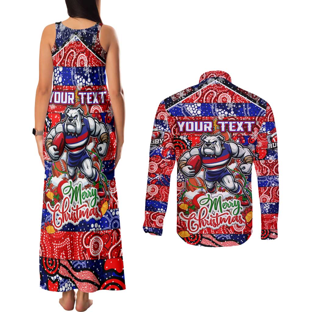 Custom Bulldogs Football Merry Christmas Couples Matching Tank Maxi Dress and Long Sleeve Button Shirt Indigenous Australian Art