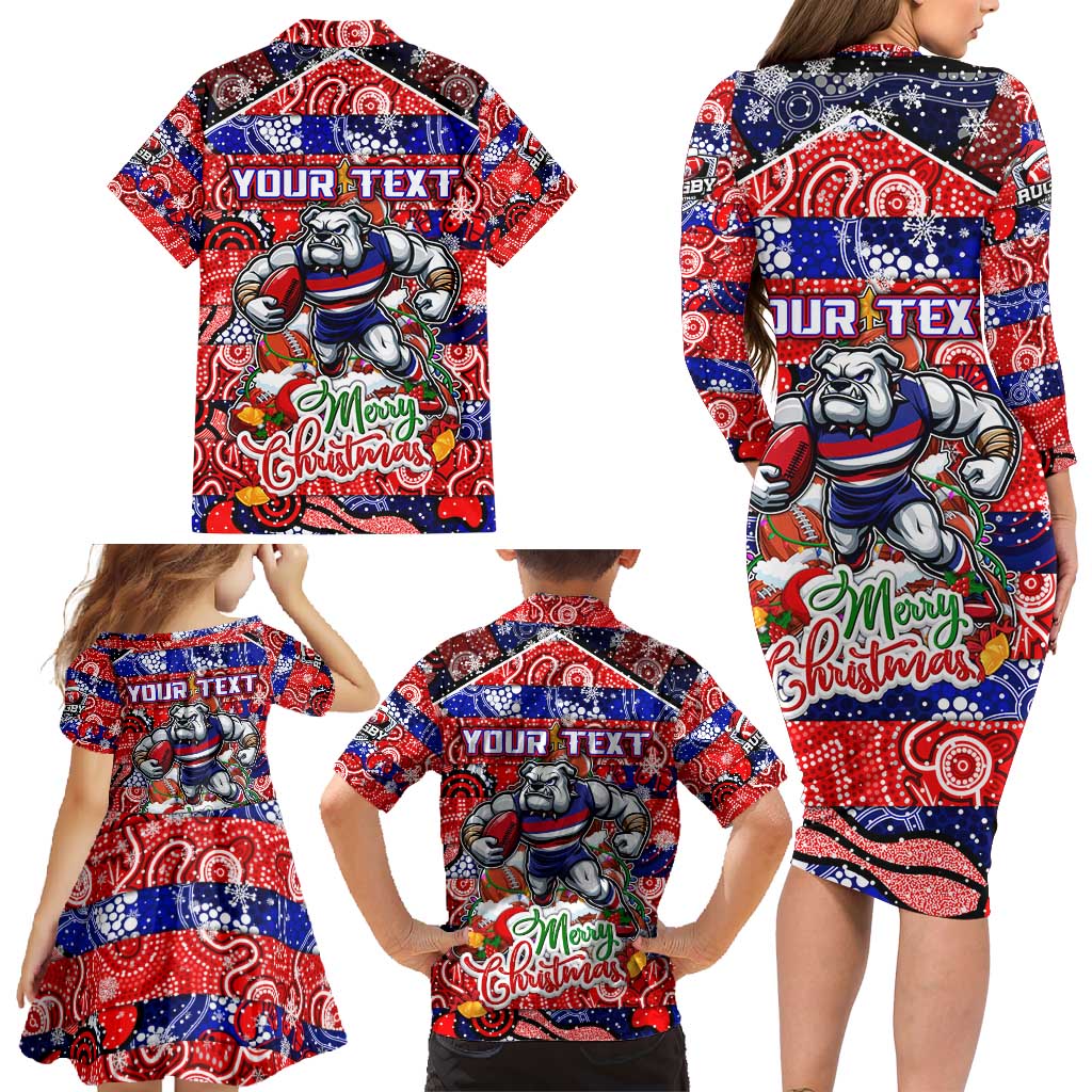 Custom Bulldogs Football Merry Christmas Family Matching Long Sleeve Bodycon Dress and Hawaiian Shirt Indigenous Australian Art
