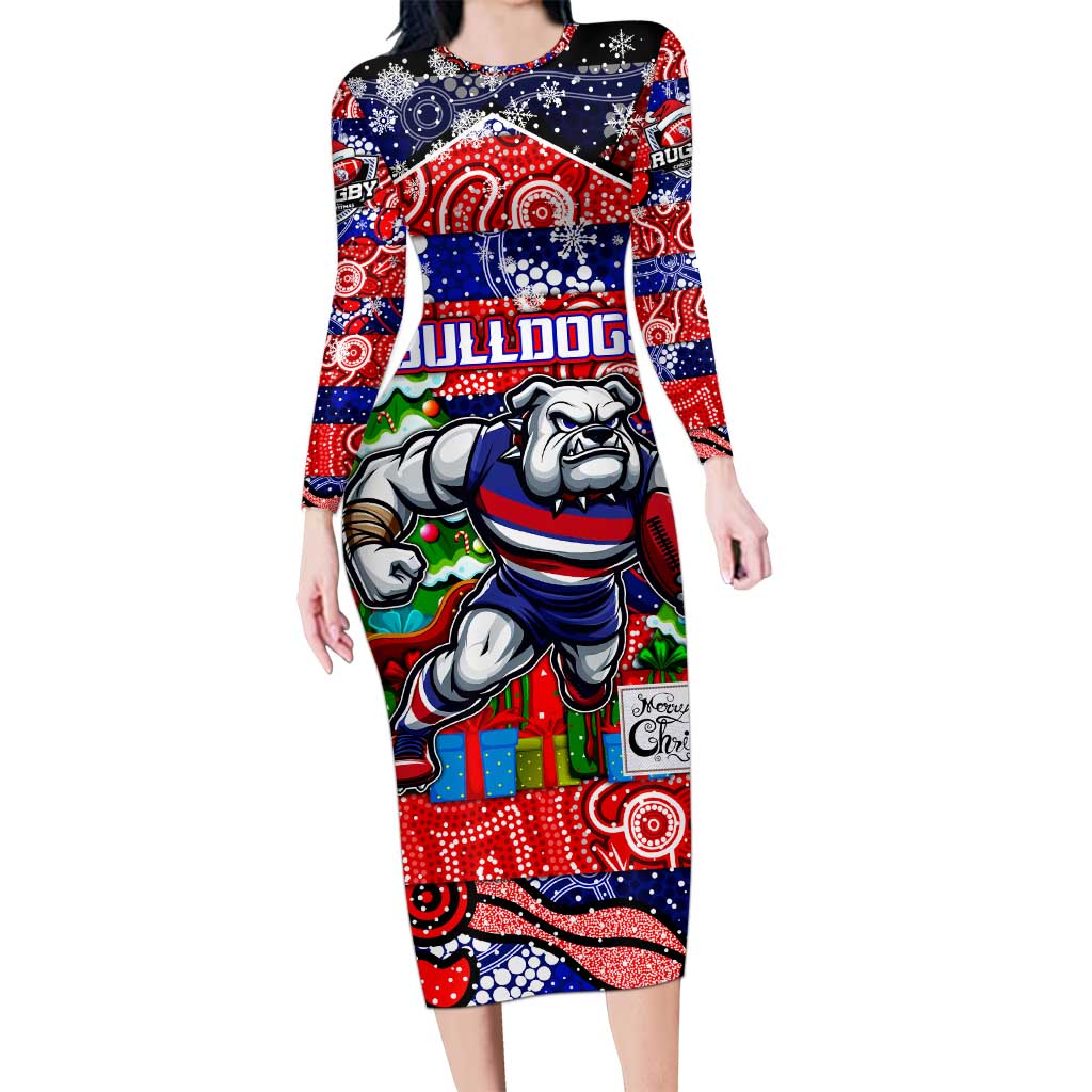 Custom Bulldogs Football Merry Christmas Family Matching Long Sleeve Bodycon Dress and Hawaiian Shirt Indigenous Australian Art
