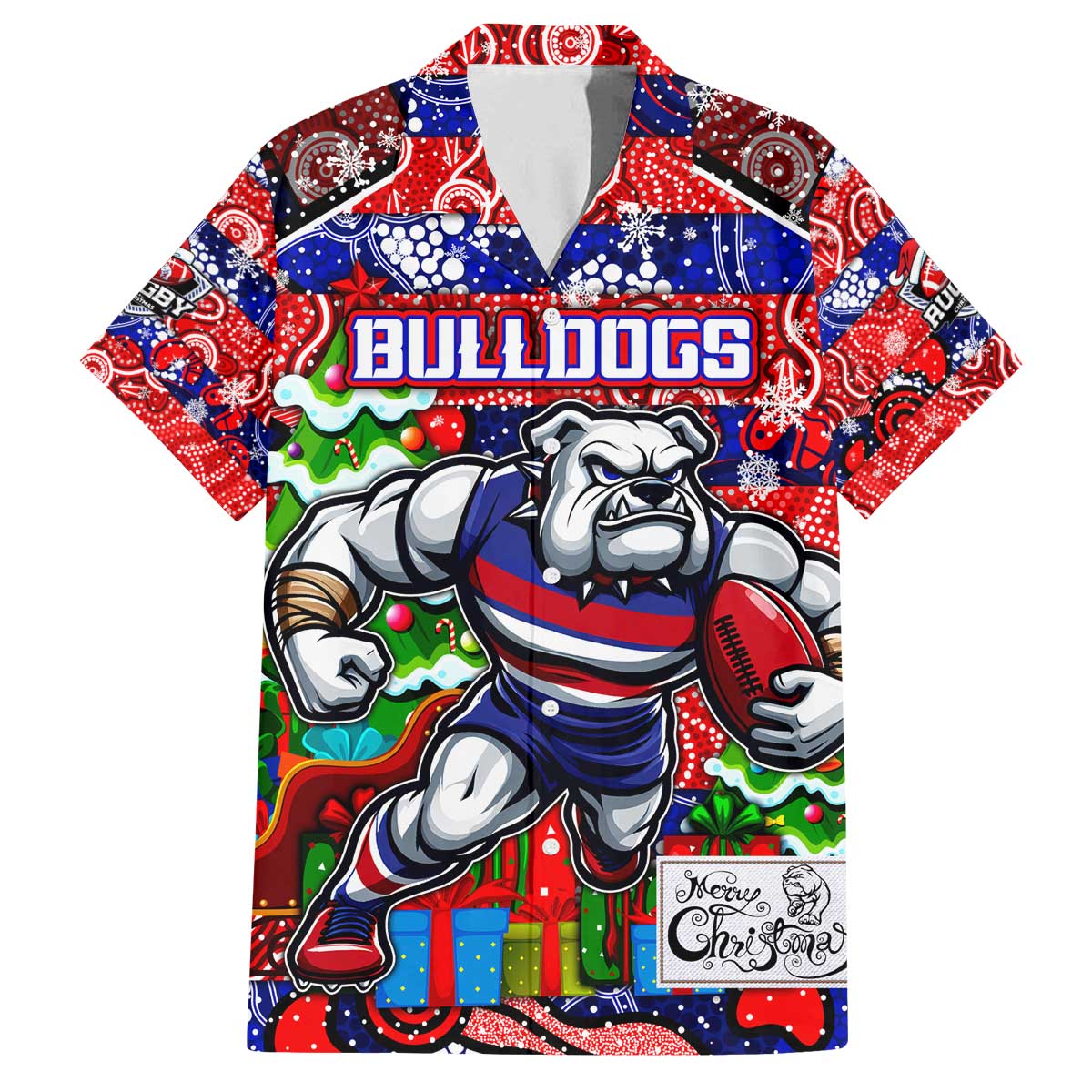 Custom Bulldogs Football Merry Christmas Family Matching Off The Shoulder Long Sleeve Dress and Hawaiian Shirt Indigenous Australian Art
