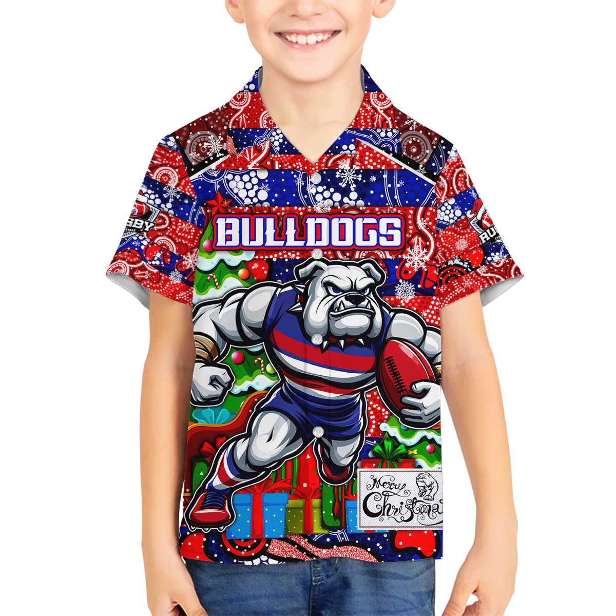 Custom Bulldogs Football Merry Christmas Family Matching Off The Shoulder Long Sleeve Dress and Hawaiian Shirt Indigenous Australian Art