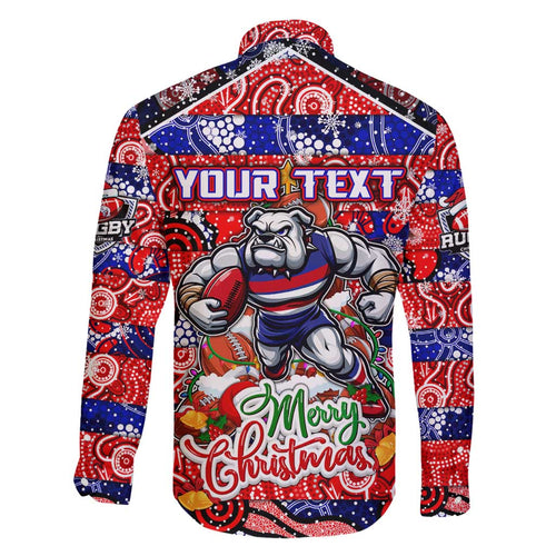 Custom Bulldogs Football Merry Christmas Family Matching Off Shoulder Short Dress and Hawaiian Shirt Indigenous Australian Art