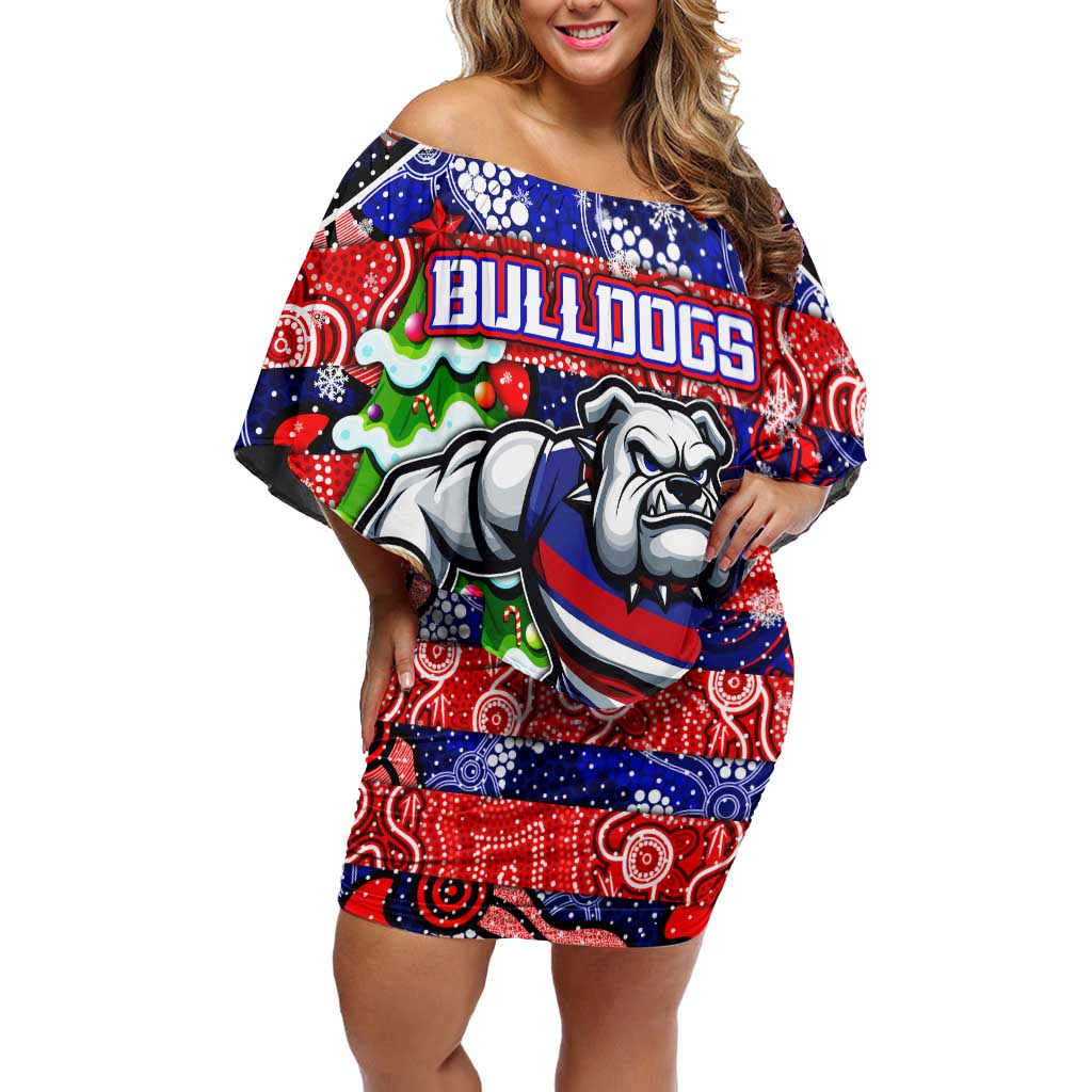 Custom Bulldogs Football Merry Christmas Family Matching Off Shoulder Short Dress and Hawaiian Shirt Indigenous Australian Art