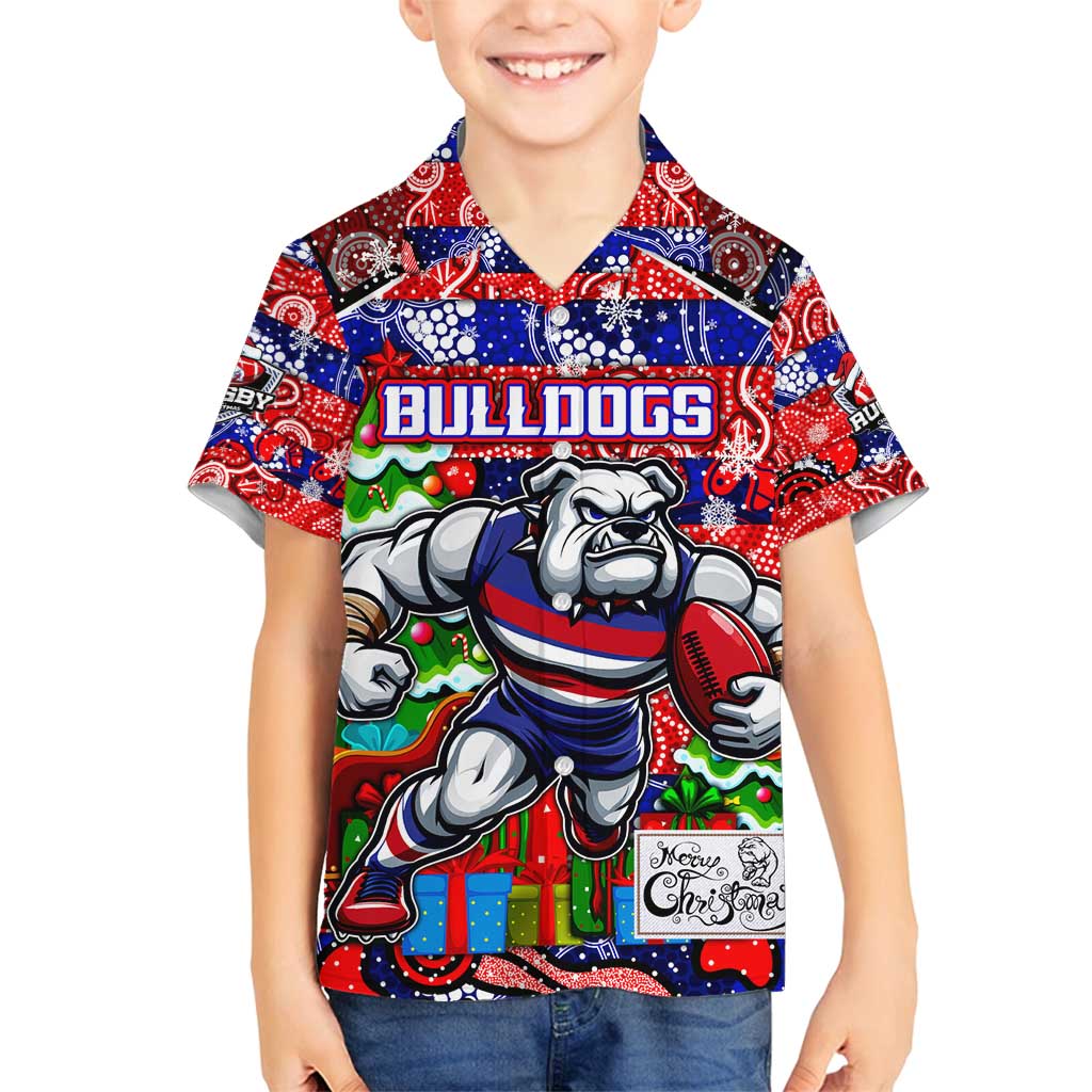 Custom Bulldogs Football Merry Christmas Family Matching Off Shoulder Short Dress and Hawaiian Shirt Indigenous Australian Art