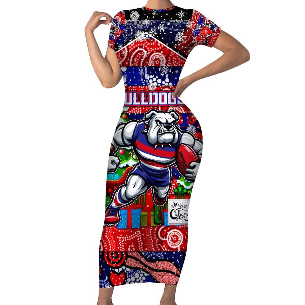 Custom Bulldogs Football Merry Christmas Family Matching Short Sleeve Bodycon Dress and Hawaiian Shirt Indigenous Australian Art