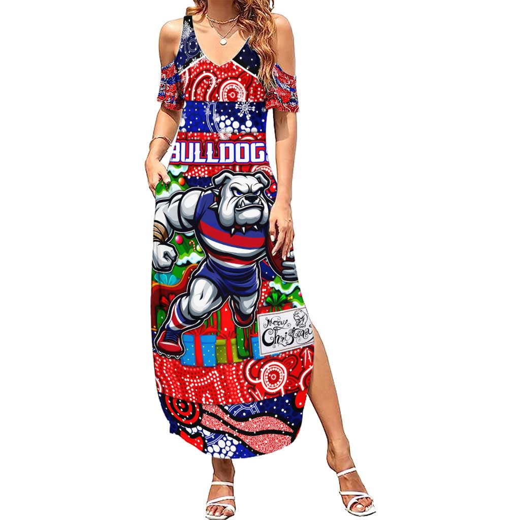 Custom Bulldogs Football Merry Christmas Family Matching Summer Maxi Dress and Hawaiian Shirt Indigenous Australian Art