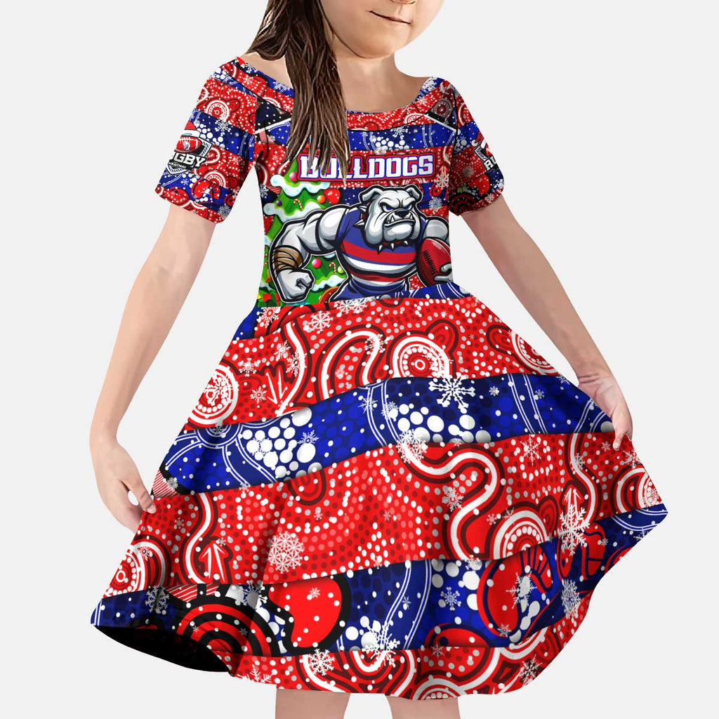 Custom Bulldogs Football Merry Christmas Kid Short Sleeve Dress Indigenous Australian Art