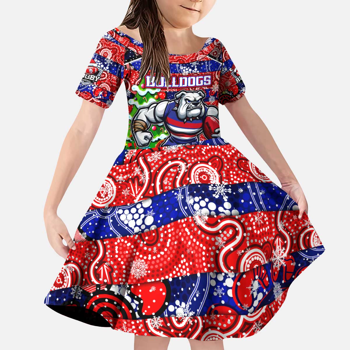 Custom Bulldogs Football Merry Christmas Kid Short Sleeve Dress Indigenous Australian Art