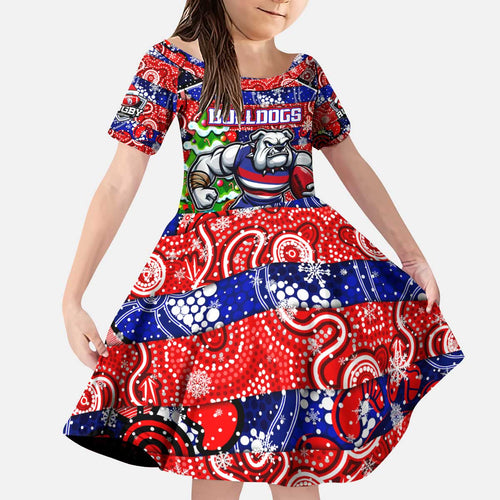 Custom Bulldogs Football Merry Christmas Kid Short Sleeve Dress Indigenous Australian Art
